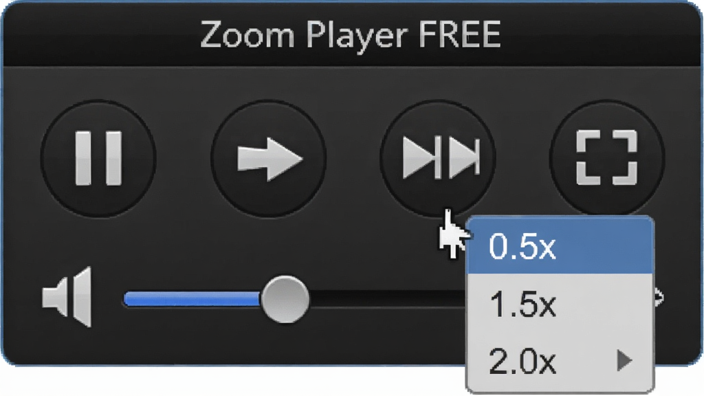 一张展示Zoom Player FREE播放器控制栏特写的图片,控制栏上清晰可见播放/暂停、上一个/下一个、快进/快退、音量滑块、全屏按钮等图标,鼠标悬停在播放速度调节图标上,弹出下拉菜单显示0.5x、1.0x、1.5x、2.0x等选项,整体风格简洁,细节清晰,画质干净,无多余元素,文字标注“Zoom Player FREE”