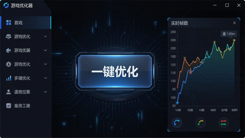 一张现代感十足的游戏优化器软件主界面截图,主体为深色科技风UI,左侧功能列表、中央大按钮“一键优化”,右侧显示实时帧数曲线图,布局清晰,排版规整,风格简洁炫酷,细节丰富,画质高清干净,界面文字标注“游戏优化器”,无多余元素。