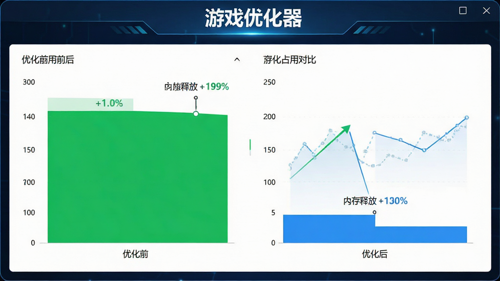 游戏优化器软件的内存清理功能界面预览图,主体为柱状图展示内存占用前后对比,左侧绿色区域为优化前高占用,右侧蓝色区域为优化后低占用,布局左右对比,排版简洁,风格科技感,细节标注内存释放百分比,画质清晰干净,界面顶部有“游戏优化器”字样。