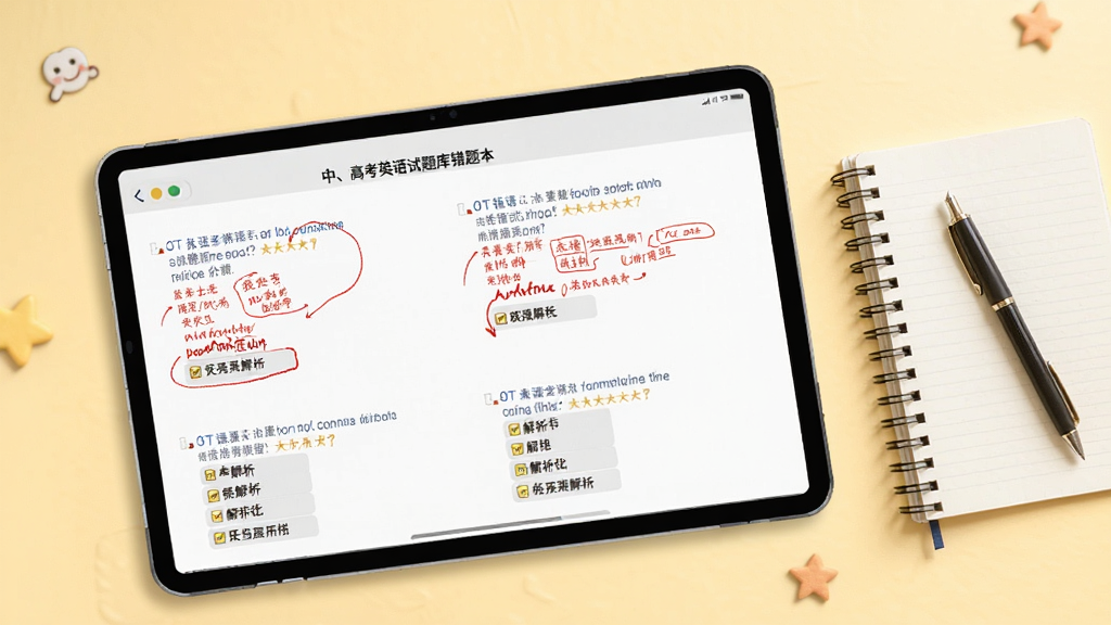 中、高考英语试题库错题本界面,屏幕上列出几道错题,每道题下方有红色批注和解析,旁边有笔记本和笔,背景为淡黄色,整体温馨,画质清晰,干净无多余元素