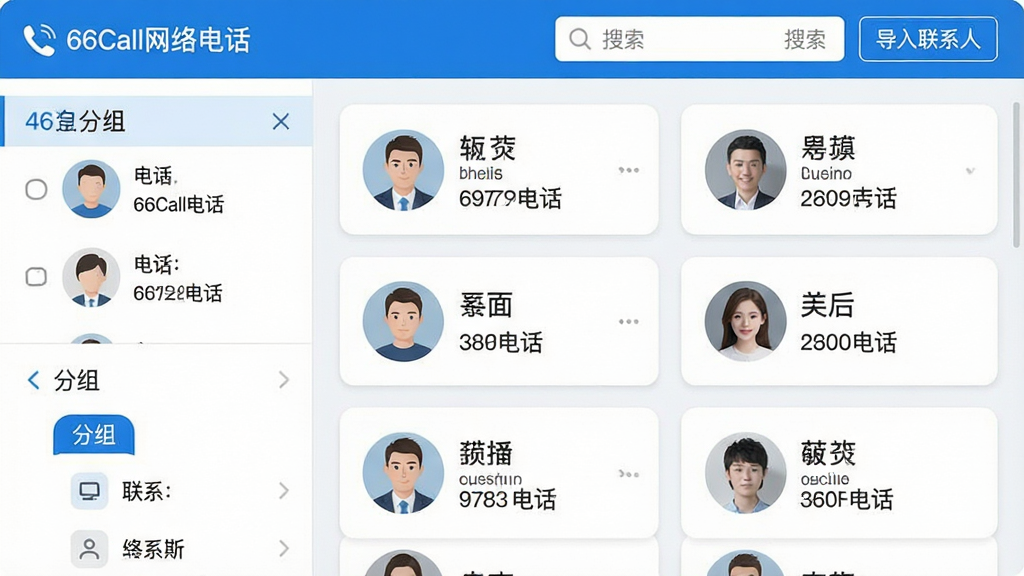 主体:66Call网络电话的通讯录管理界面,展示联系人列表和分组标签;布局:左侧为分组导航,右侧为联系人卡片排列;排版:卡片式设计,头像、姓名和电话信息清晰可见;风格:清爽简约,蓝白配色;细节:屏幕顶部显示“66Call网络电话”字样,有一个搜索框和“导入联系人”按钮;画质:高清UI设计,干净无多余元素。