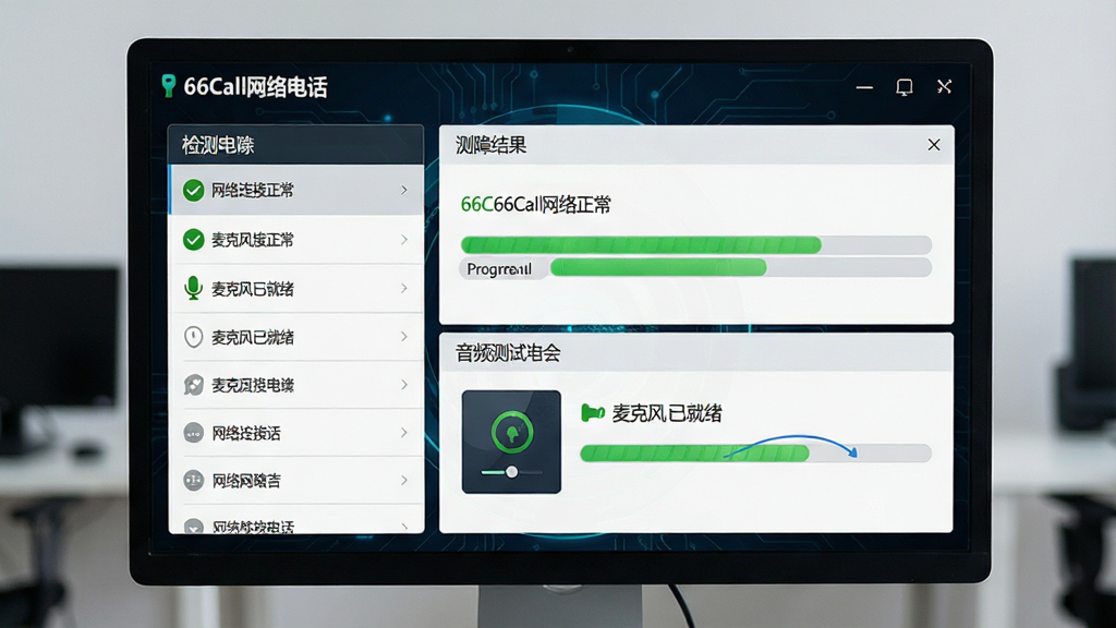 主体:一张电脑屏幕显示66Call网络电话的故障排除界面,有网络检测和音频测试工具;布局:界面分为左右两栏,左侧为检测列表,右侧为测试结果;排版:清晰的文字提示和进度条;风格:科技感,深色背景;细节:屏幕上有“66Call网络电话”字样,以及“网络连接正常”“麦克风已就绪”的绿色标识;画质:高清,干净无多余元素。