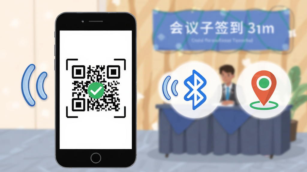31电子签到多种签到方式展示图,画面中一部手机显示扫码界面,旁边有蓝牙信号图标和定位图标,背景为会议签到处布置,主体为手机和功能图标,布局横向排列,排版简洁,风格扁平化插画,细节包括信号波浪线、对勾符号,画质干净明亮