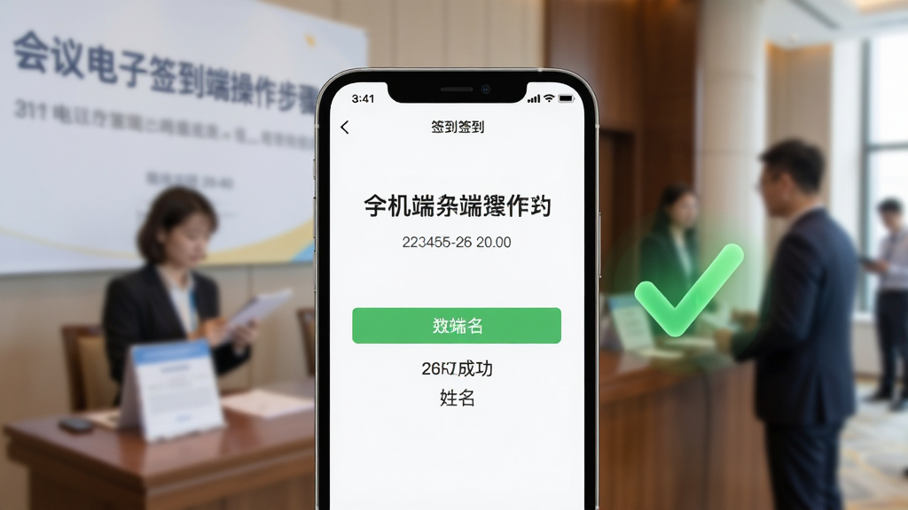 31电子签到手机端操作步骤图,手机屏幕显示签到成功界面,旁边有对勾动画,背景为会议签到处,主体为手机特写,布局居中,排版简洁,风格实拍与UI结合,细节包括时间戳、姓名显示,画质高清干净