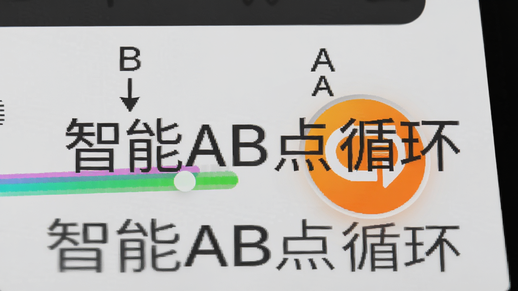 世界之音软件复读机操作界面局部特写,画面上有标注A点和B点的彩色进度条,以及一个明显的循环播放按钮,背景为浅灰色,按钮高亮显示为橙色,界面风格简洁现代,图片上带有