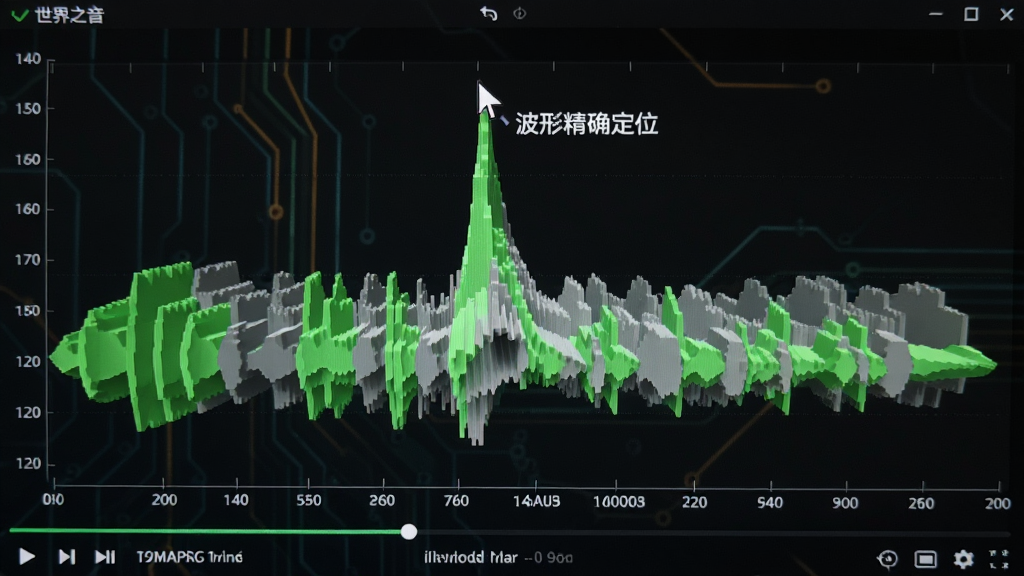 世界之音软件复读机波形显示功能实拍,画面主体为绿色和灰色交错的立体音频波形,时间轴刻度清晰可见,鼠标指针悬停在一个波形峰值处,界面底部有播放进度信息,深色背景,科技感十足,图片标注