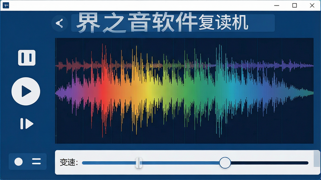 一张展示世界之音软件复读机主界面的高清截图,画面中央是彩色音频波形图,周围环绕着播放控制按钮、复读模式选项和变速滑块,布局整洁,以深蓝色和白色为主色调,扁平化设计风格,画质清晰干净,无多余元素,图片文字标注