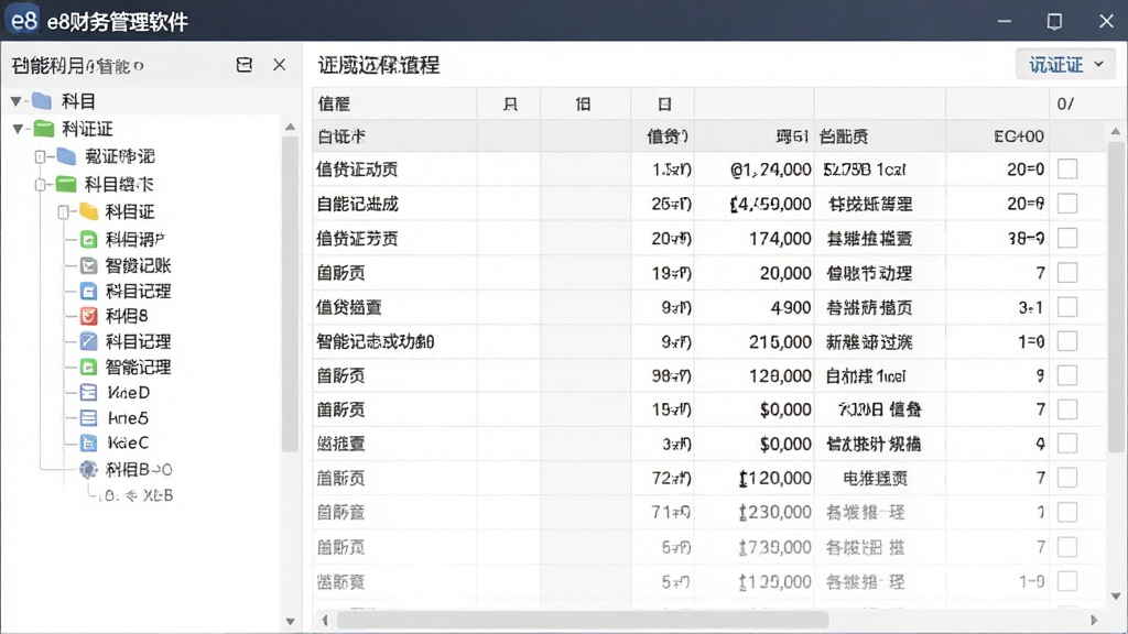 展示e8财务管理软件智能记账功能界面,主体为凭证列表与自动生成过程,布局左右分栏,左侧科目树,右侧凭证表格,排版清晰,风格商务,细节显示借贷金额与摘要,画质锐利,干净无多余元素