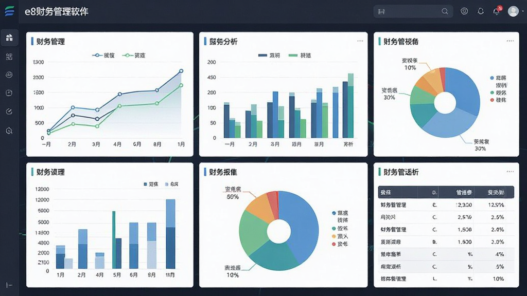 展示e8财务管理软件报表分析界面,主体为多张图表与数据表格,布局为仪表盘样式,排版美观,风格现代,细节包括折线图、柱状图、饼图,画质高清,干净无多余元素