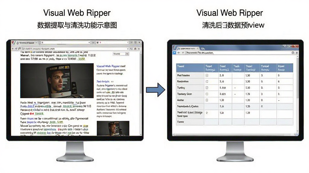 Visual Web Ripper数据提取与清洗功能示意图,展示从杂乱网页中提取出结构化表格数据的过程,左侧为原始网页,右侧为清洗后的数据预览,风格简洁直观,画质清晰,无多余元素