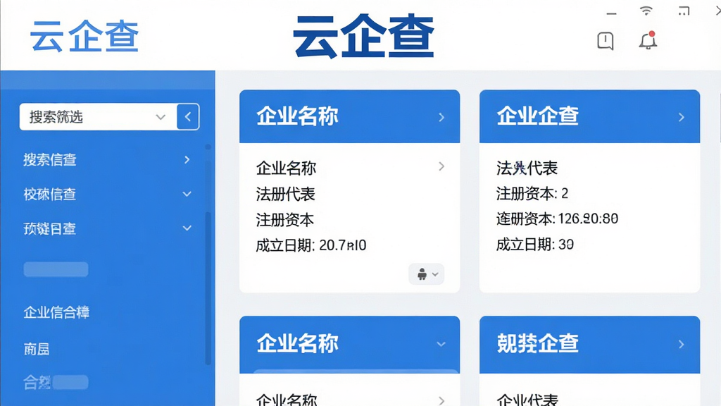 云企查软件主界面预览图,展示企业信息检索功能,界面风格简洁现代,以蓝色和白色为主色调,左侧为搜索筛选栏,右侧显示企业详情卡片,包含企业名称、法人代表、注册资本、成立日期等关键数据,整体布局清晰,排版整齐,采用扁平化设计风格,画质高清,干净无多余元素,软件名称“云企查”置于界面顶部醒目位置