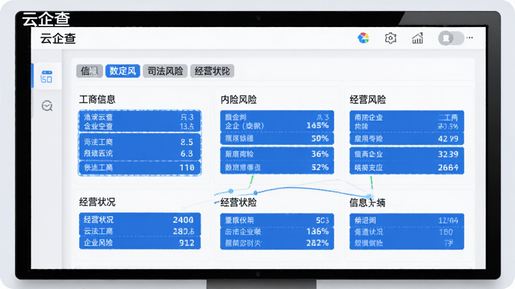 云企查企业画像功能展示图,屏幕中央显示一家企业的详细信息面板,包含工商信息、司法风险、经营状况等分类标签,每个标签下都有对应的数据列表,背景为浅灰色,突出蓝色数据高亮,整体设计专业,信息层级分明,画质清晰,无多余元素,左上角标注“云企查”字样