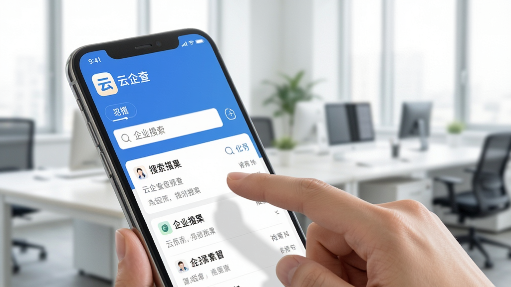 云企查使用教程配图,展示用户在手机上操作云企查APP,手指点击企业搜索框,屏幕显示搜索结果列表,背景为办公室场景,光线明亮,画面清晰自然,构图以手机屏幕为主体,突出操作动作,风格写实,干净无多余元素,手机屏幕左上角显示“云企查”应用图标