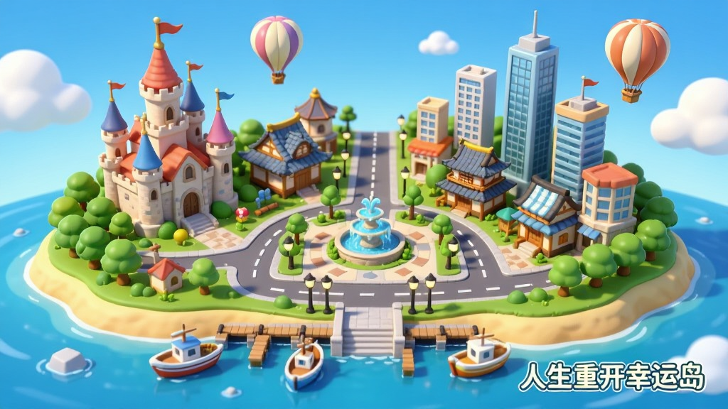 画面展示一个繁荣的岛屿全景,岛上有各种风格的建筑,如欧式城堡、日式小屋、现代高楼,道路两旁有绿树和路灯,港口停靠着小船,岛中心有喷泉广场,天空中有热气球,整体色彩明亮,风格卡通治愈,画质高清,干净无多余元素,文字标注“人生重开幸运岛”