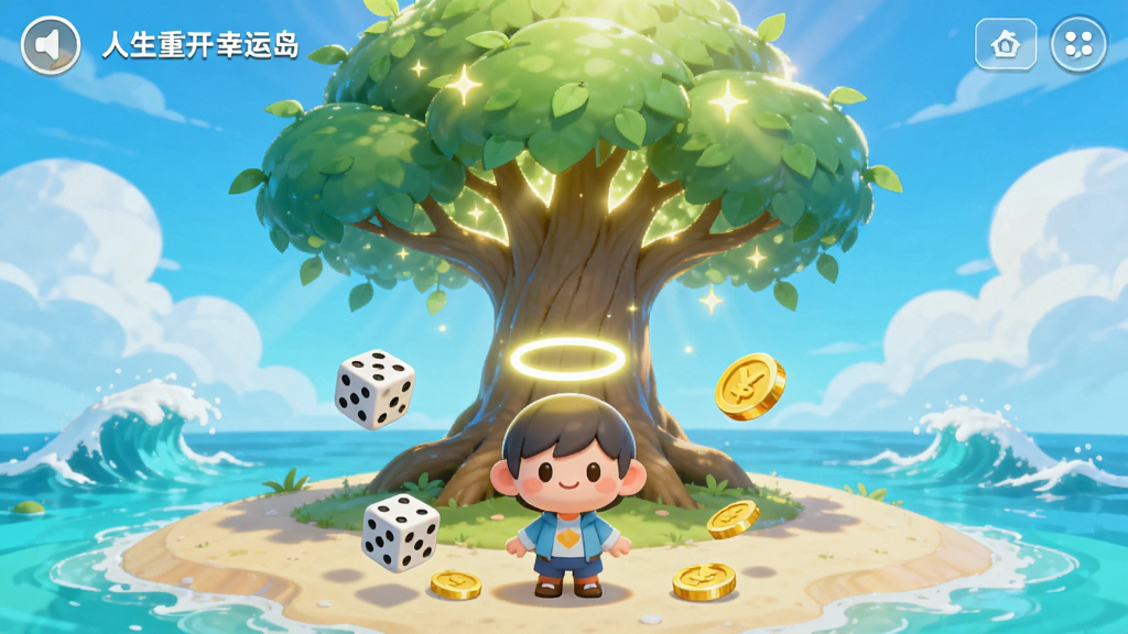 画面展示一座阳光明媚的岛屿,中央有一棵发光的幸运树,树下站着一位卡通风格的角色,角色头顶有光环,周围漂浮着骰子和金币,背景是蓝天白云和海浪,UI界面简洁明亮,整体风格清新治愈,画质高清,干净无多余元素,文字标注“人生重开幸运岛”