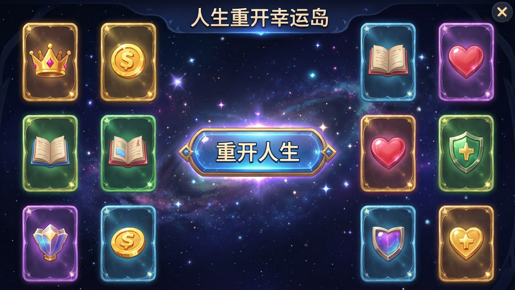 画面展示一个天赋选择界面,屏幕上排列着多个彩色卡牌,卡牌上分别画有皇冠、金币、书本、爱心等图标,代表不同天赋,界面背景为星空,中央有一个发光的按钮,按钮上写着“重开人生”,整体风格魔幻绚丽,画质细腻,干净无多余元素,文字标注“人生重开幸运岛”