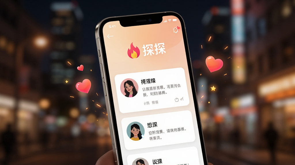 画面主体为一款名为“探探”的手机应用界面,展示在智能手机屏幕中央,屏幕上方显示“探探”字样及火焰logo,下方排列着几张用户卡片,卡片上有头像、昵称和简介,背景为模糊的城市夜景,暖色调灯光点缀,整体布局居中,手机略微倾斜,周围漂浮着爱心和火花特效,风格现代简约,画质高清,干净无多余元素