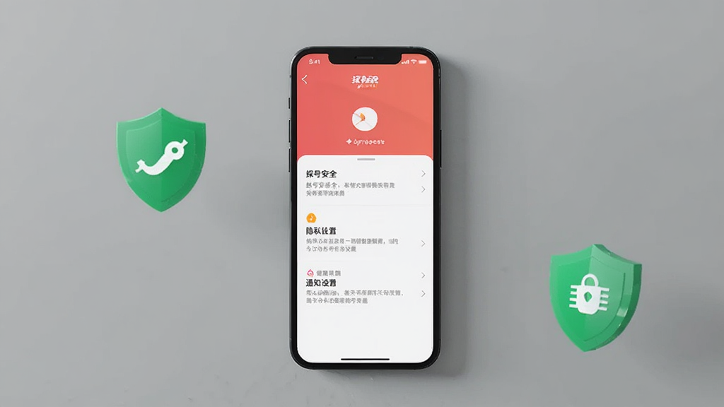 手机屏幕显示探探设置界面,包含账号安全、隐私设置、通知设置等选项,背景为简洁的灰色墙面,手机位于画面中央,屏幕内容清晰可见,周围有绿色安全盾牌图标,布局居中,风格极简,画质干净无多余元素