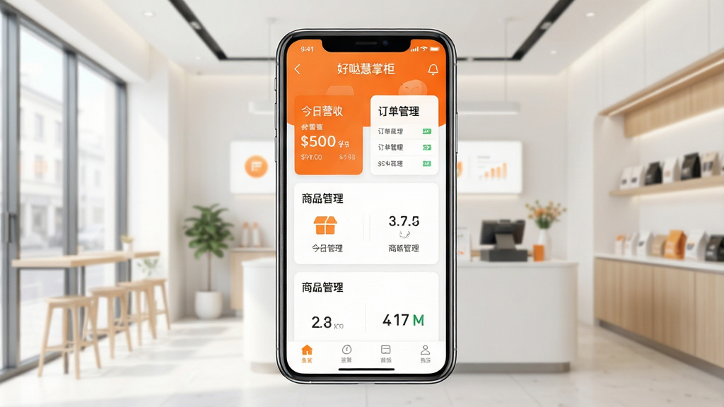 一张智能手机屏幕展示好哒慧掌柜应用主界面,界面设计简洁清晰,背景为现代简约风格的明亮店铺,应用界面显示“今日营收”、“订单管理”、“商品管理”等核心功能卡片,整体色调以橙色和白色为主,突显商业活力与专业感,画面干净,无多余元素,画质高清,主体突出,布局均衡,排版美观,采用写实风格。