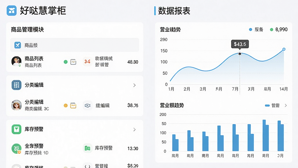 好哒慧掌柜软件功能界面拼接长图,左侧显示商品管理模块,包含商品列表、分类编辑、库存预警;右侧显示数据报表模块,以折线图和柱状图展示营业额趋势,画面以浅色背景为主,功能图标清晰,文字标签明确,整体排版整齐,风格扁平化设计,画质干净,无多余元素,突出“好哒慧掌柜”品牌名称。