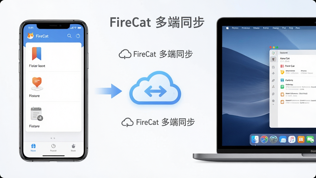 一张展示FireCat在手机和电脑上同步使用的场景图,主体是左右分屏的界面,左侧是手机,右侧是笔记本电脑,中间有云朵和箭头连接图标,布局为左右对称,排版简洁,风格现代科技感,细节包含书签和历史记录的图标,画质清晰干净,无多余元素,图片中文字为