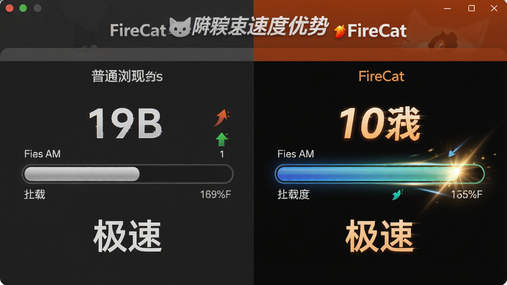 一张展示FireCat浏览器速度优势的对比图,主体是左右分屏的加载进度条,左边是普通浏览器,右边是FireCat,右侧进度条更快且带有光效,布局为对称式,排版直观,风格写实,细节突出速度数字和