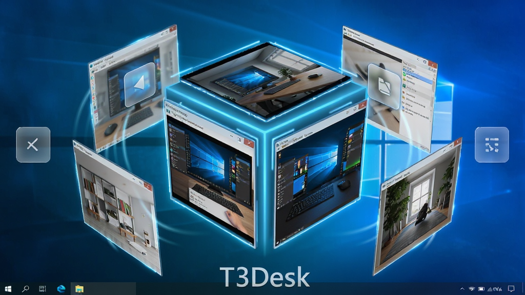 主体:T3Desk软件在Windows电脑上运行,多个窗口以3D立方体旋转方式切换,背景为渐变蓝色。布局:屏幕中央有一个3D立方体,每个面显示不同窗口内容,四周有半透明控制按钮。排版:窗口边缘有发光线条,底部有“T3Desk”水印。风格:立体、动态、科技感。细节:窗口内容清晰可辨,光影效果自然。画质:高清渲染,干净无多余元素。