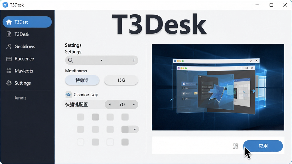 主体:T3Desk软件运行在Windows电脑上,主界面显示设置选项,包括特效选择、快捷键配置等。布局:左侧为导航栏,右侧为预览区域,中央有“T3Desk”大标题。排版:字体清晰,按钮圆润,整体简洁。风格:商务、专业。细节:预览区域展示3D窗口切换动画,鼠标指针位于“应用”按钮上。画质:高清渲染,干净无多余元素。