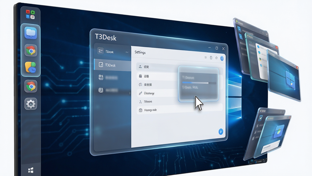 主体:T3Desk软件界面在Windows电脑上运行,桌面呈现3D立体效果,多个窗口以透视角度排列,背景为深蓝色科技感壁纸。布局:左侧为任务栏,右侧悬浮着旋转的3D窗口,中央主窗口展示软件设置面板。排版:界面简洁清晰,图标圆润,文字标签显示“T3Desk”字样。风格:科技感、现代、炫酷。细节:窗口边缘有半透明光晕,鼠标指针悬停在一个窗口上。画质:高清渲染,干净无多余元素。