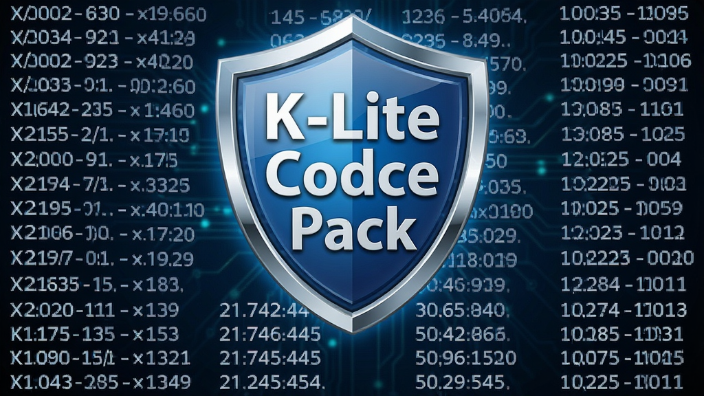 主体:一个盾牌图标,盾牌上带有“K-Lite Codec Pack”字样,背景为不断更新的版本号列表;布局:盾牌居中,版本号列表在下方排列;排版:盾牌醒目,版本号以列表形式呈现;风格:安全可靠,科技感;细节:盾牌有光泽质感,列表字体清晰;画质:高清晰度,干净,无多余元素