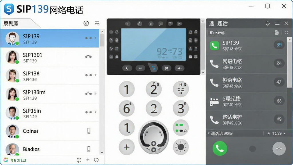 一张展示SIP139网络电话软件主界面的高清截图,界面简洁明亮,左侧为联系人列表,右侧为拨号面板和通话记录,整体风格现代,突出软件名称“SIP139网络电话”的Logo,布局清晰,排版规整,画质细腻干净,无多余元素