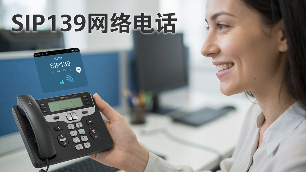一张展示用户正在使用SIP139网络电话进行通话的实拍照片,手机屏幕上显示通话界面,用户面带微笑,背景为办公室,突出“SIP139网络电话”名称,构图自然,风格写实,画质高清,无多余元素