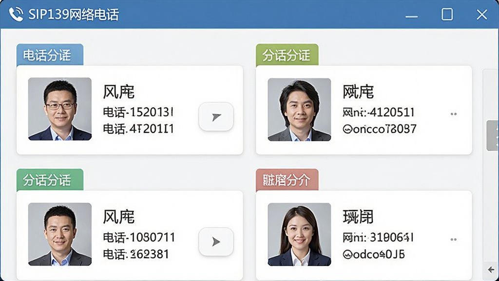 一张展示SIP139网络电话通讯录管理界面的截图,界面采用卡片式布局,联系人头像、姓名、电话等信息一目了然,支持分组标签,整体设计清爽,突出“SIP139网络电话”的界面风格,排版整齐,细节丰富,画质清晰,无多余元素
