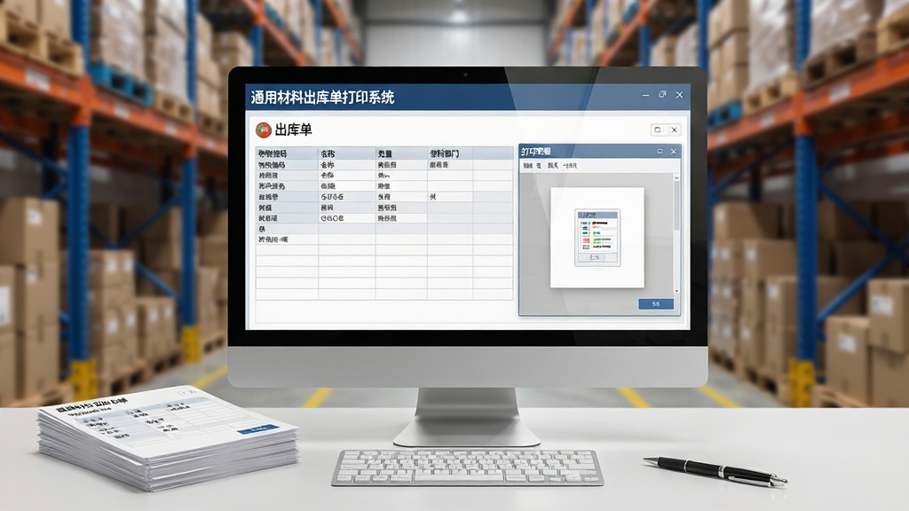 主体:一套整洁的办公桌场景,电脑屏幕上清晰显示“通用材料出库单打印系统”的操作界面,界面中包含出库单表格、打印预览窗口。布局:电脑屏幕居中,旁边放有一叠打印好的出库单纸张和一支笔,背景为模糊的仓库货架。排版:界面截图展示出库单字段如物料编码、名称、数量、领料部门等。风格:写实、干净明亮。细节:屏幕反光自然,纸张文字清晰可辨。画质:4K高清、细节丰富、无多余元素。