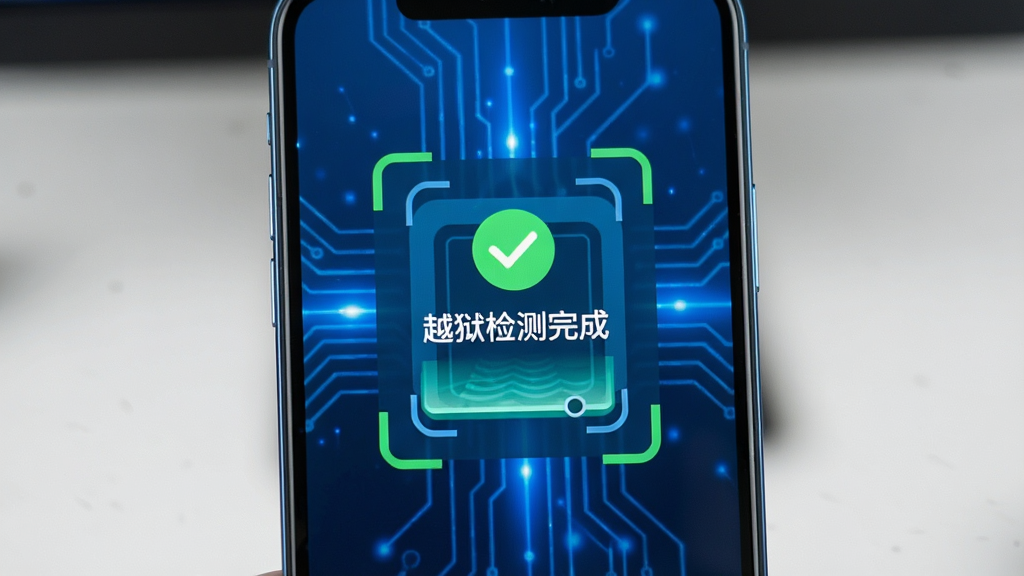 当乐越狱助手运行在智能手机上,屏幕显示“越狱检测完成”提示,周围有绿色对勾图标和扫描动画效果,背景为科技感十足的蓝色光效,整体画面明亮清晰,突出软件的智能检测功能,画质干净无杂物。