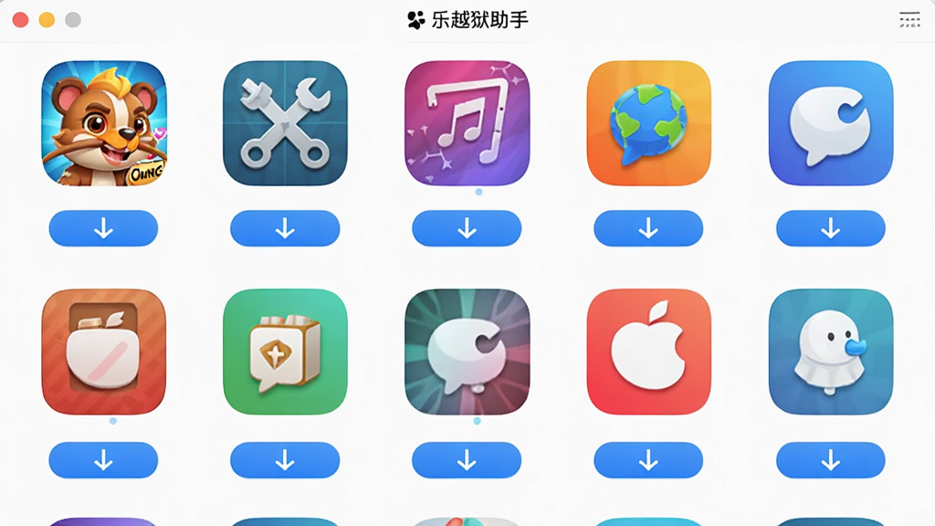 当乐越狱助手的应用商店界面,展示各类应用图标,包括游戏、工具、美化等分类,界面采用网格布局,每个图标下方有下载按钮,整体设计活泼多彩,但保持整洁有序,突出资源丰富和易用性,画质清晰。