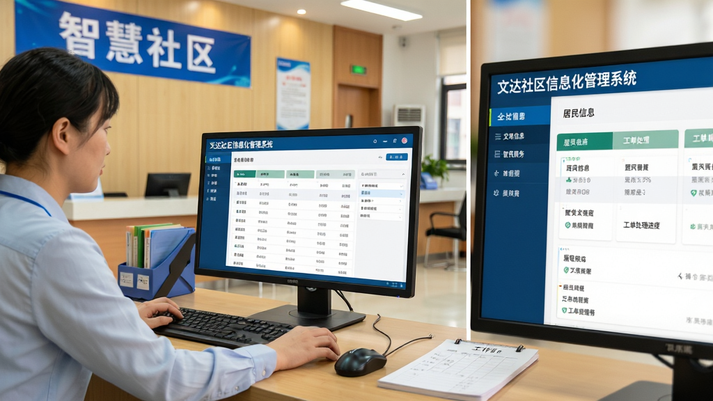 主体为现代社区服务中心场景,一位社区工作人员正在电脑前操作“文达社区信息化管理系统”界面,屏幕中清晰显示居民信息列表和工单处理进度,背景是整洁的社区服务大厅,墙上挂有“智慧社区”标语;布局采用平视视角,主体居中,电脑屏幕作为视觉焦点;排版简洁,左侧为操作人员,右侧为系统界面特写;风格写实,色彩明亮温暖;细节包括鼠标点击动作、屏幕上的中文菜单、桌面上的工作日志;画质高清,干净无多余元素。