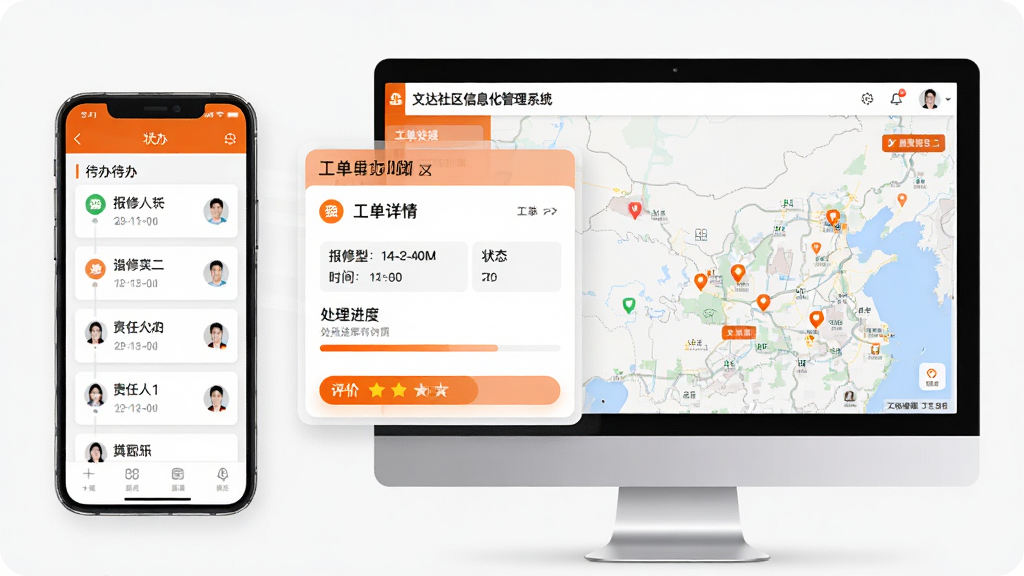 主体为“文达社区信息化管理系统”工单处理界面,屏幕中显示一张工单详情卡片,包含报修类型、时间、状态,下方有处理进度条和评价按钮;布局为手机或电脑混合展示,左侧手机显示待办列表,右侧电脑显示工单地图分布;风格现代简约,橙色强调色;细节包括状态标签、时间轴、责任人头像;画质高清,界面干净。