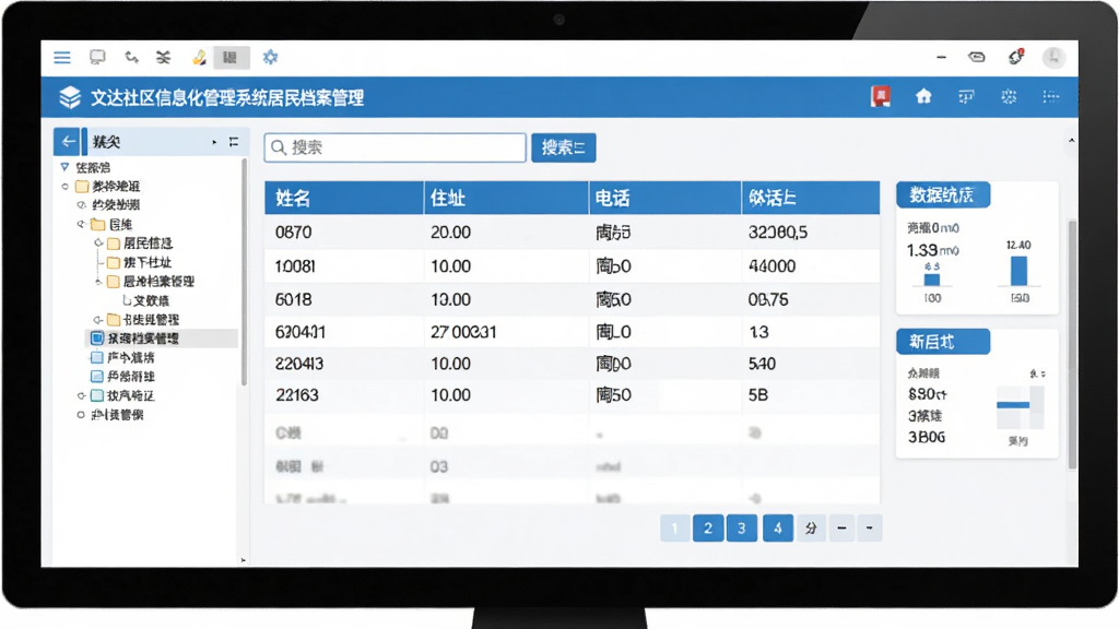 主体为“文达社区信息化管理系统”居民档案管理界面,屏幕上展示表格形式的居民信息,包含姓名、住址、电话等字段,左侧有分类筛选树;布局为电脑屏幕截图风格,界面居中;排版采用列表式,表头高亮;风格扁平化,蓝白配色;细节包括搜索框、分页按钮、数据统计小卡片;画质清晰,界面干净,无多余元素。