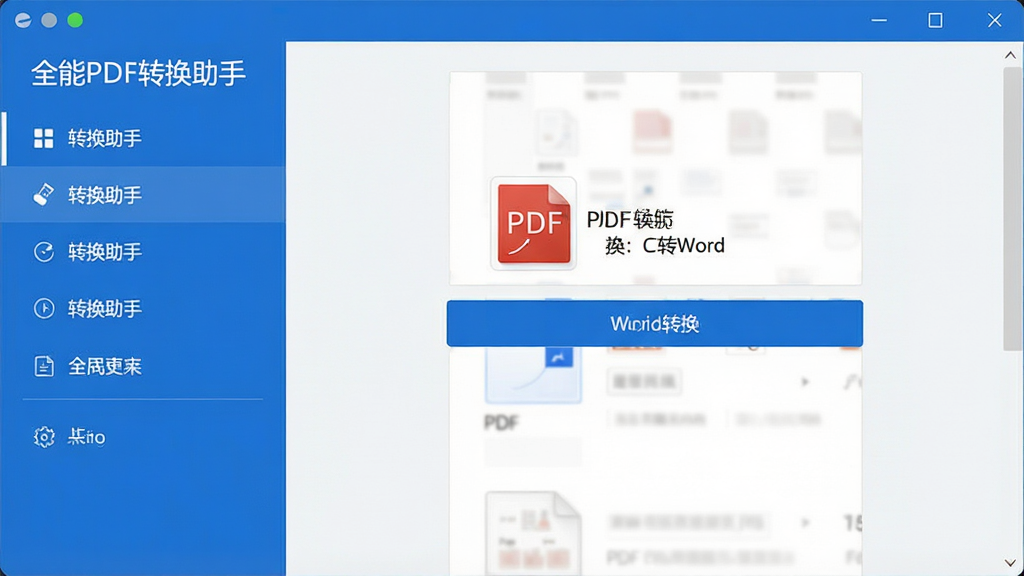 一张现代简约风格的软件主界面截图,界面左侧功能列表清晰可见“全能PDF转换助手”字样,右侧显示PDF转Word的转换选项,整体布局规整,色调以蓝色和白色为主,画面干净,高分辨率,无多余元素