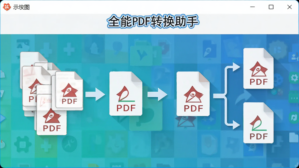 示意图展示多个PDF文件合并成一个文件,以及一个PDF文件拆分为多个文件的过程,界面采用扁平化设计,包含“全能PDF转换助手”软件名称,色彩明快,构图清晰,画质细腻