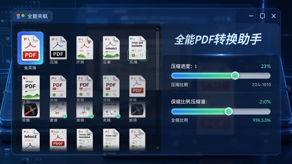 展示软件批量压缩PDF的操作界面,左侧有多个PDF文件缩略图,右侧显示压缩进度条和压缩比例,界面风格清爽,突出“全能PDF转换助手”品牌名称,科技感十足,细节处理到位,画质高清