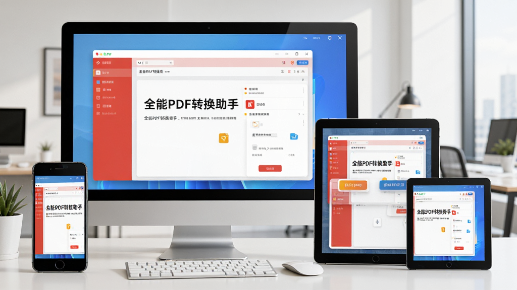 一张展示多设备使用软件的场景图,电脑、手机、平板同时显示“全能PDF转换助手”界面,背景为现代办公环境,画面明亮,构图均衡,突出跨平台使用特点,细节丰富,画质清晰