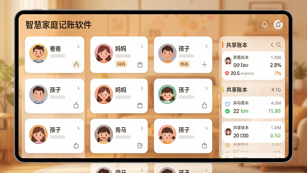 主体:智慧家庭记账软件的家庭共享功能界面,展示多个家庭成员的头像和各自记账情况;布局:左侧为成员列表,右侧为共享账本动态;排版:卡片式布局,成员卡片并排;风格:温馨的家庭风格,暖色调背景;细节:头像旁显示“爸爸”、“妈妈”、“孩子”标签,账本动态滚动;画质:高清,干净,无多余元素。