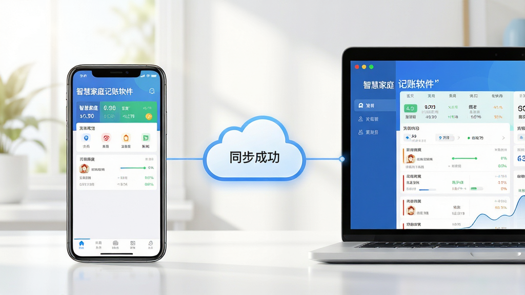 主体:智慧家庭记账软件在手机和电脑上同时运行的场景,屏幕显示同步数据;布局:左侧为手机,右侧为笔记本电脑,中间有云朵图标连接;排版:对称式布局,设备居中展示;风格:写实风格,光线明亮;细节:手机和电脑屏幕均清晰显示“智慧家庭记账软件”主界面,云朵上有“同步成功”字样;画质:超清,干净,无多余元素。