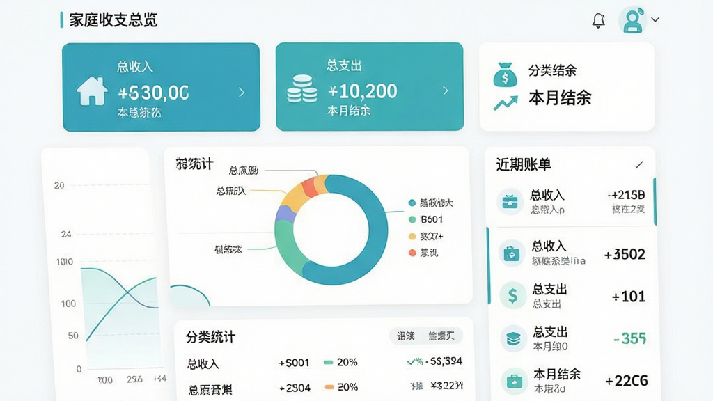 主体:智慧家庭记账软件的主界面,展示家庭收支总览、分类统计图表和近期账单列表;布局:上方为资产概览卡片,中间为环形统计图,下方为明细记录;排版:清晰的分栏式布局,信息层级分明;风格:现代扁平化设计,主色调为清新的蓝绿色,搭配白色背景;细节:界面中显示“总收入”、“总支出”、“本月结余”等字样,图标精致;画质:高清,干净,无多余元素。