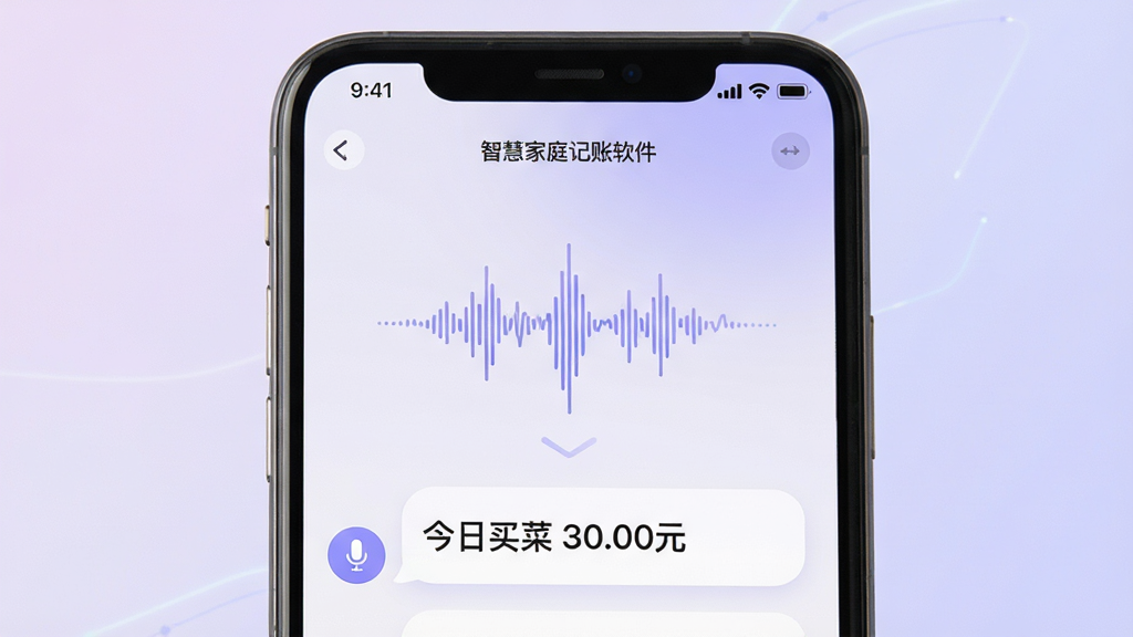 主体:智慧家庭记账软件的语音记账界面,麦克风图标正在接收语音;布局:屏幕中央为语音波形动画,下方为识别出的记账内容预览;排版:简洁的对话式界面,信息流从上到下;风格:科技感与温馨感结合,圆角卡片设计;细节:显示“今日买菜 30.00元”文字,背景为淡紫色渐变;画质:高清,干净,无多余元素。
