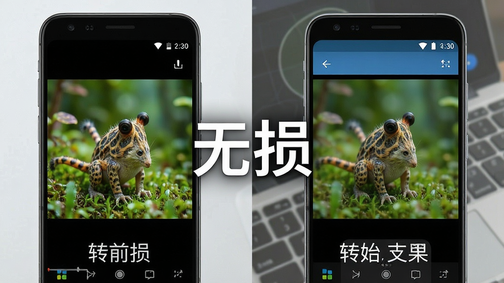 一张展示闪电Android视频转换器画质对比效果的示意图,画面左侧为转换前的原始视频画面,色彩鲜艳细节丰富,右侧为转换后的视频画面,两者视觉观感一致,中间用白色的