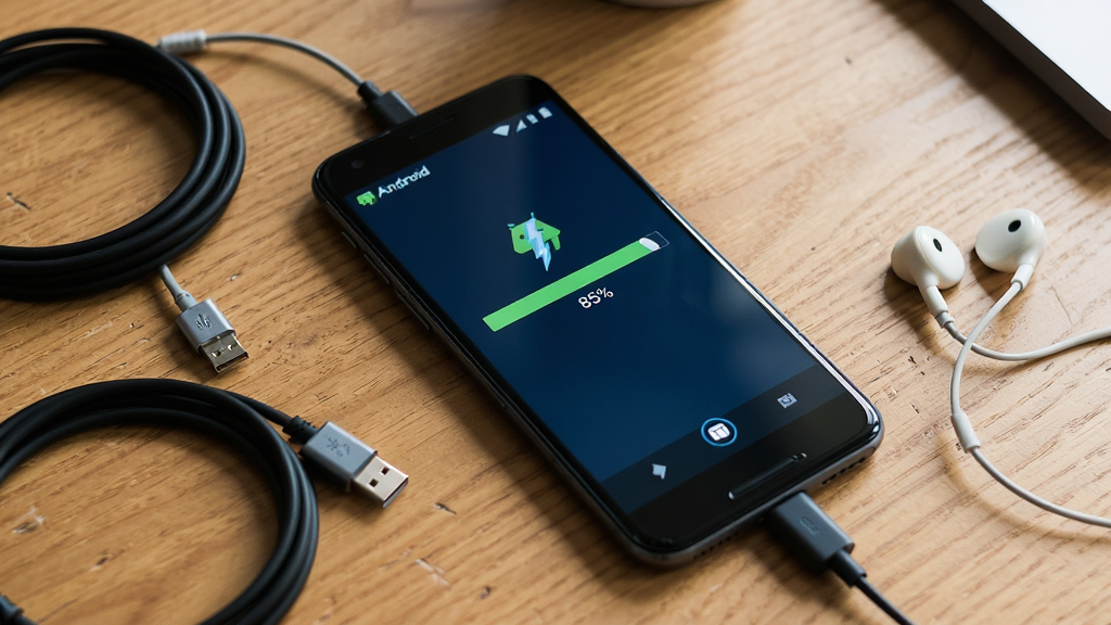 一张展示闪电Android视频转换器在手机上运行使用场景的实拍图,画面中一部手机放在桌面上,屏幕显示转换进度条为85%,周围摆放着数据线和耳机,桌面背景是木质纹理,手机屏幕内容清晰可见,整体布局自然,排版生活化,风格写实,细节丰富,画质干净,无多余元素