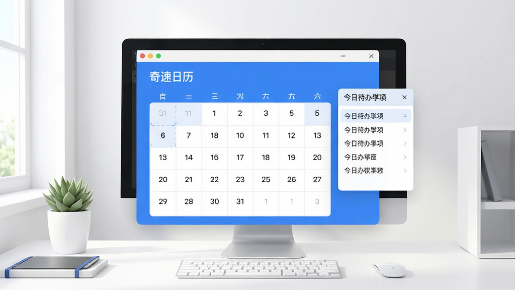 主体为简洁明亮的电脑桌面场景,中央悬浮着一个设计精美的桌面日历软件界面,界面顶部显示“奇速日历”品牌字样,下方展示当前月份日期网格,旁边有今日待办事项列表浮动卡片,整体布局干净通透,扁平化设计风格,色彩以蓝白为主色调,画质高清细腻,干净无多余元素